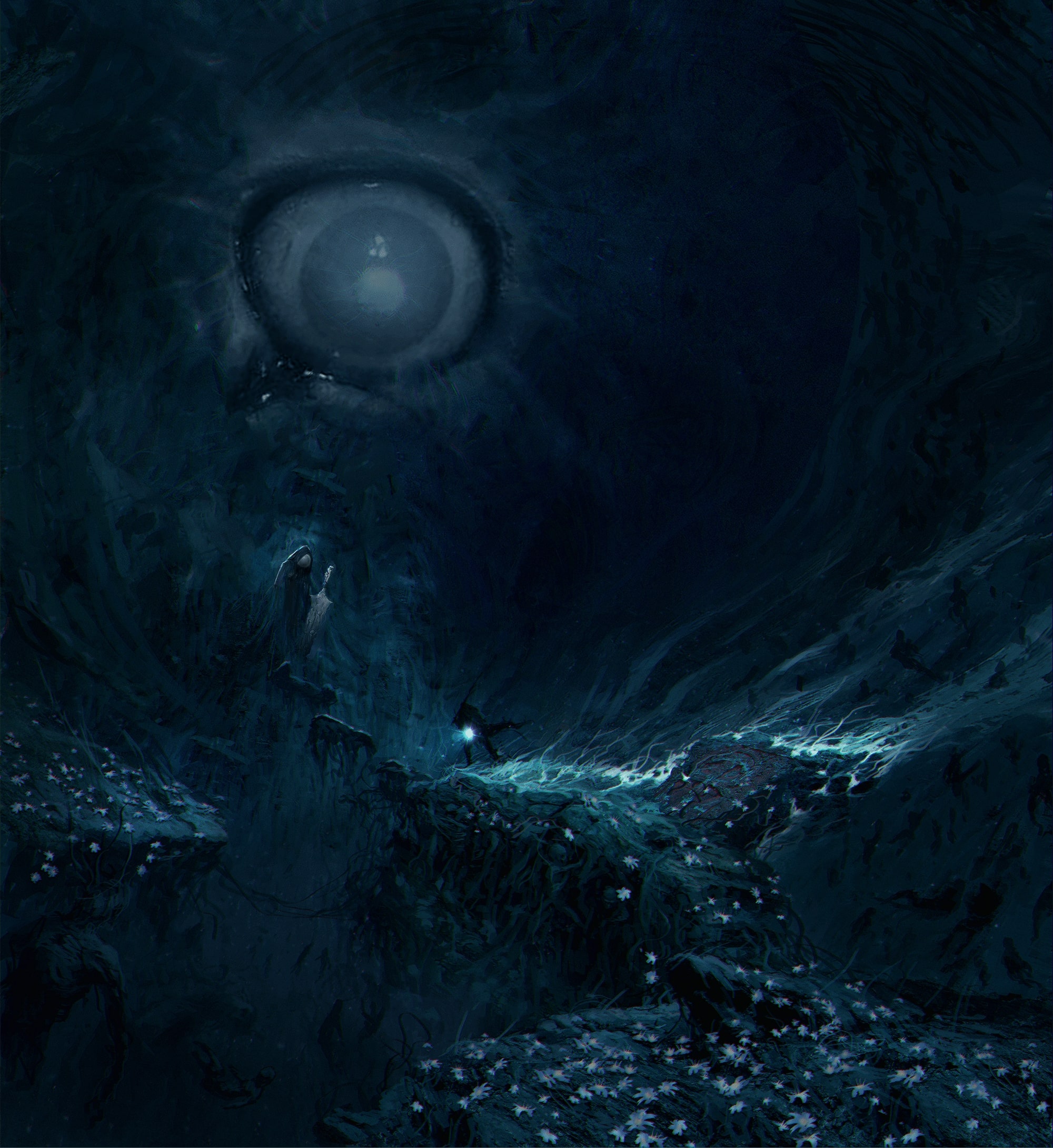 In an Umbral temple. A giant eye watches over our hero from from dark fantasy Soulslike action RPG The Lords of the Fallen